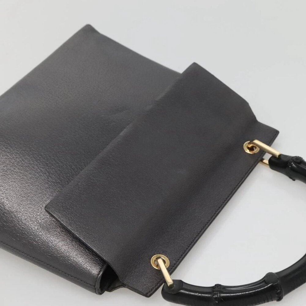 GUCCI Bamboo Hand Bag Leather Gold Charcoal gray Auth - Picture 7 of 16